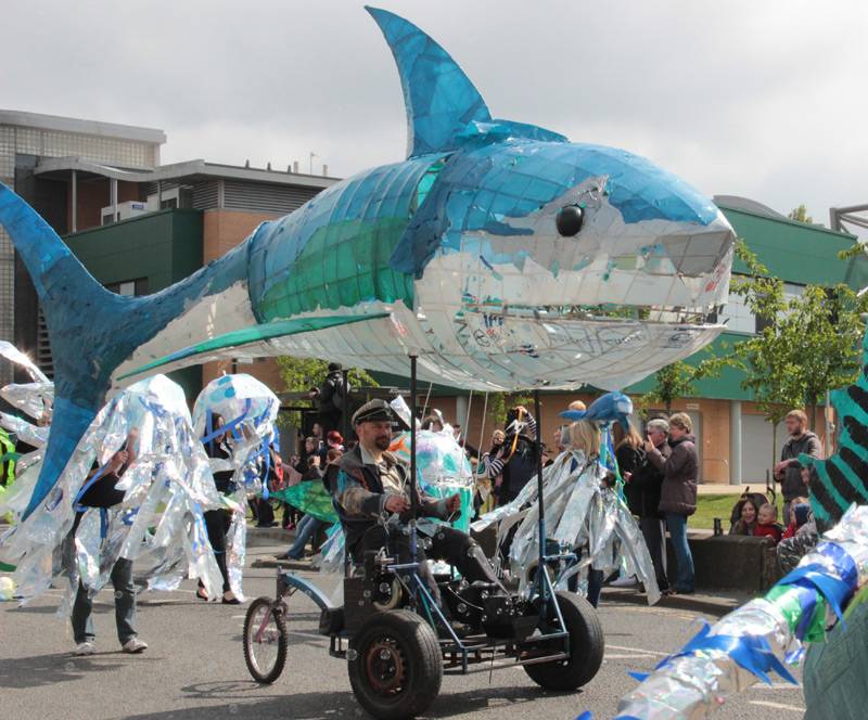 Shark on an electric base made for the Extraordinary Orchard Park Parade with Handmade Parade & Hull Carnival Arts. 